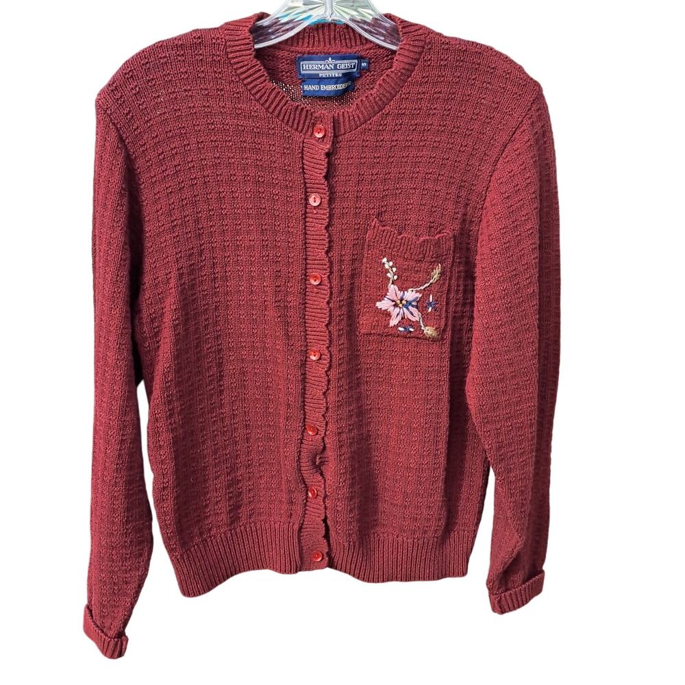 Vintage Herman Geist Cardigan Sweater Women's Size S Petite Maroon Embroidered